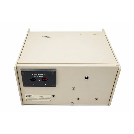Beige metal bio-rad 1652087 gene pulser capacitance extender module with black panel and red black input jacks