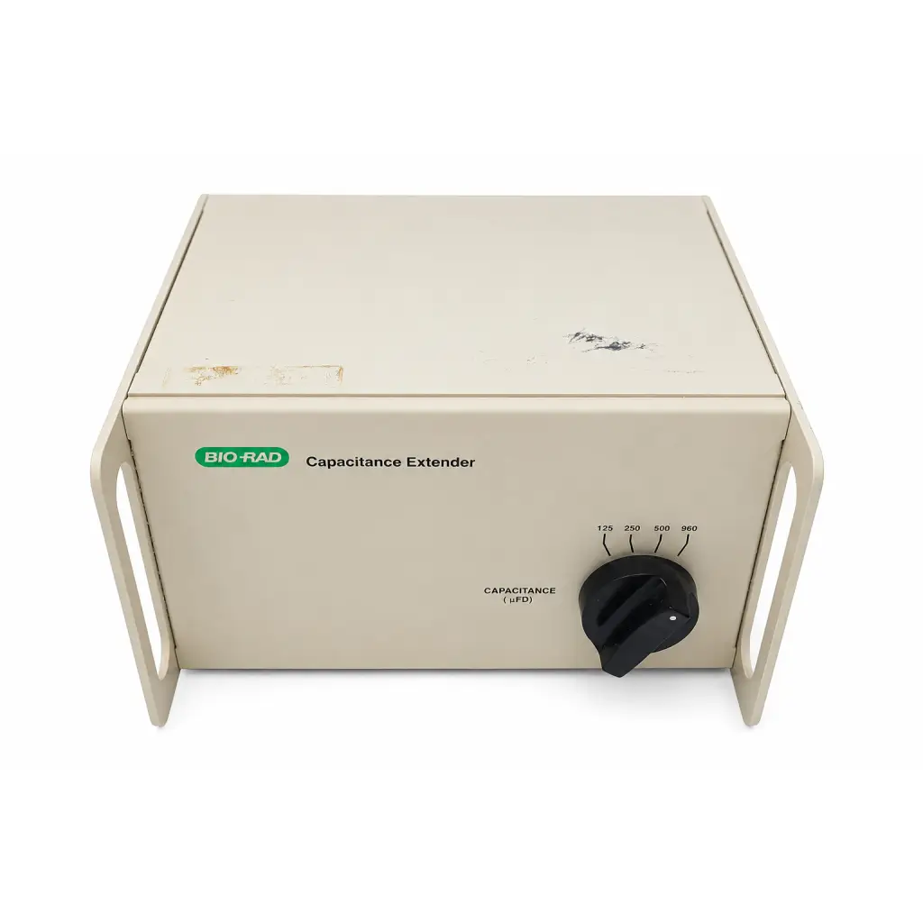 Beige bio-rad 1652087 gene pulser capacitance extender module with black rotary dial and biomed certified logo