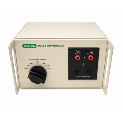 Beige bio-rad 1652098 gene pulser pulse controller module with black resistance dial and red input output ports biomed certified