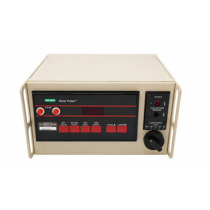 Beige bio-rad gene pulser electroporator console with black control panel and red illuminated buttons biomed certified