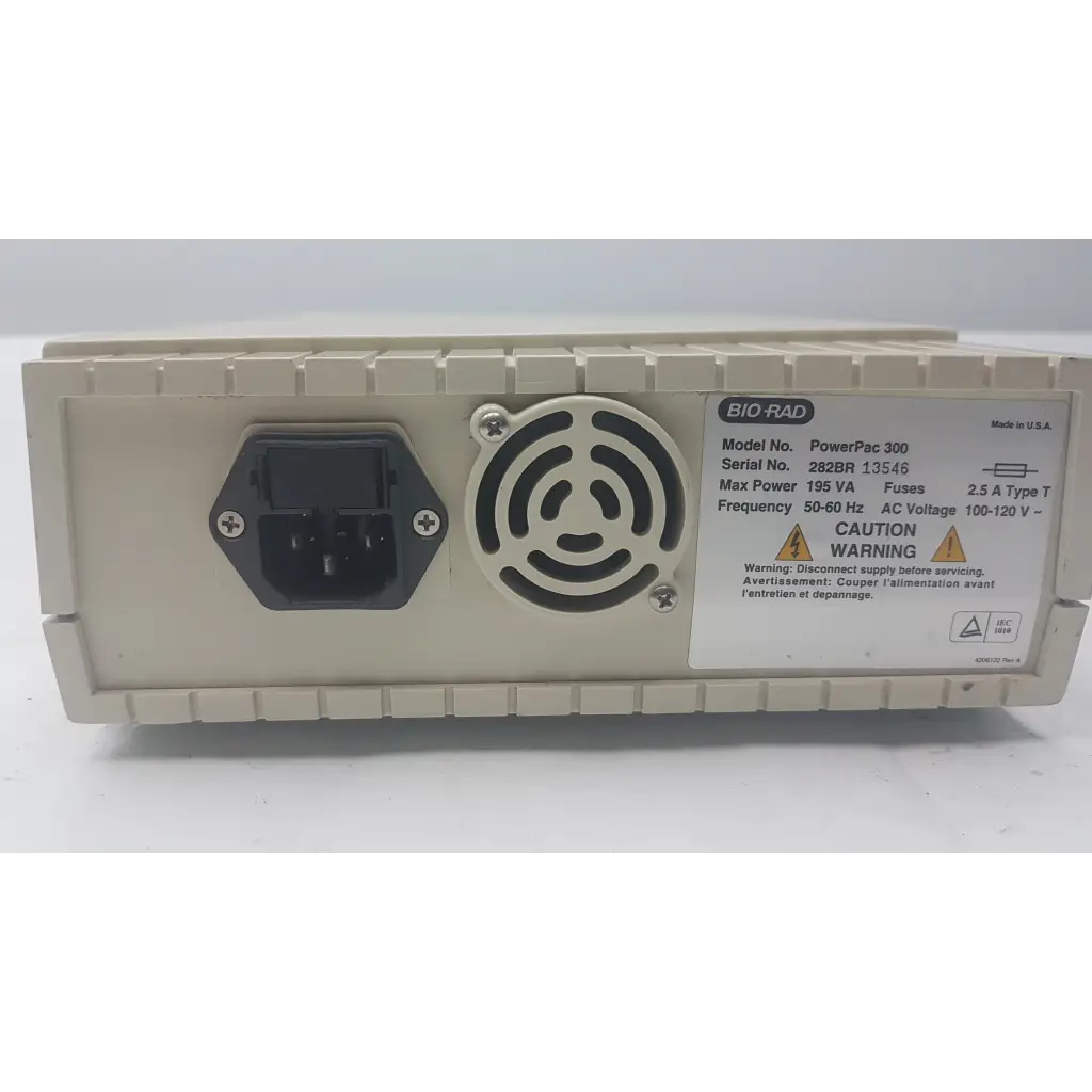 Beige bio-rad powerpac 300 electrophoresis power supply with black ac input port and circular ventilation grille on back side