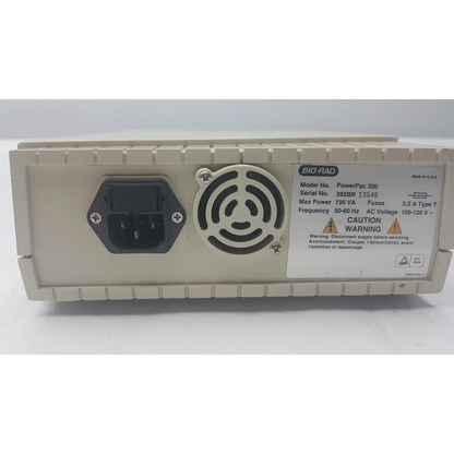 Beige bio-rad powerpac 300 electrophoresis power supply with black ac input port and circular ventilation grille on back side