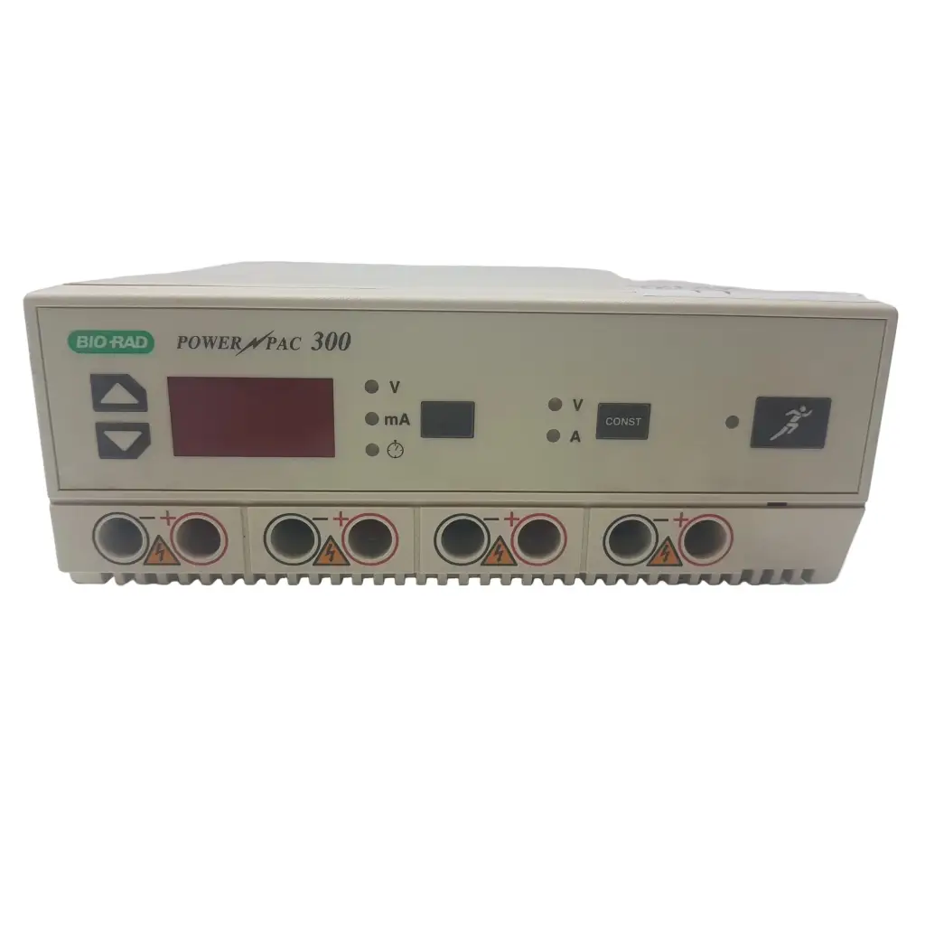 Beige bio-rad powerpac 300 electrophoresis power supply with digital display and multiple electrical output ports