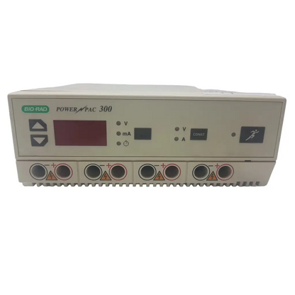 Beige bio-rad powerpac 300 electrophoresis power supply with digital display and multiple electrical output ports