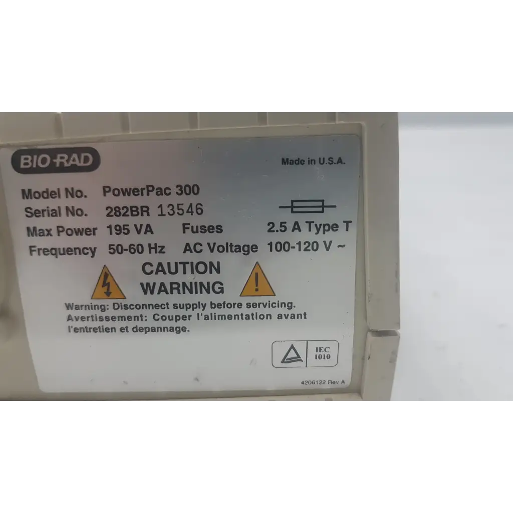Beige plastic bio-rad powerpac 300 electrophoresis power supply with white label showing technical specs and safety warnings