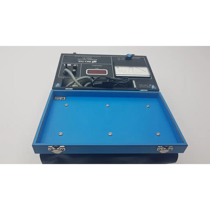 Blue metal field instrument case with black lid containing digital display and analog meter for bio-tek 901 diathermy analyzer ad5-21