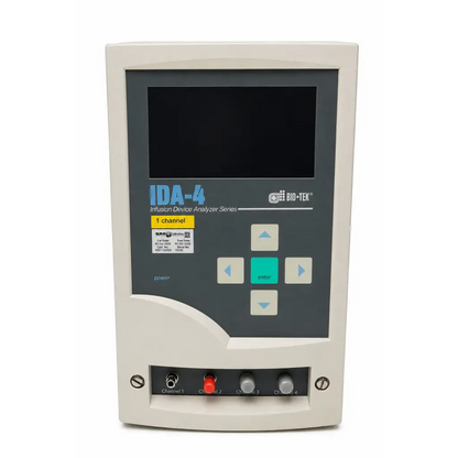 Beige plastic biomed certified bio-tek ida-4 infusion device analyzer with dark gray panel and teal buttons