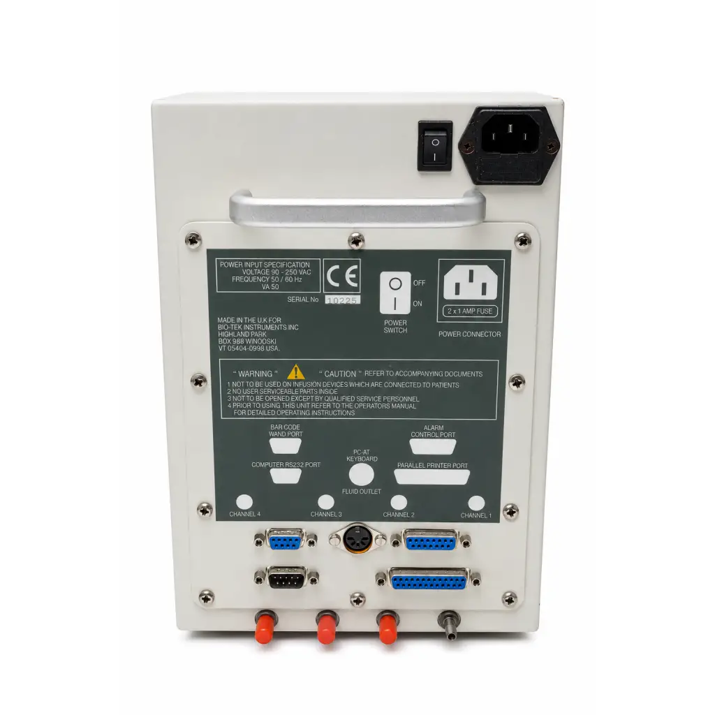 Biomed certified BIO-TEK ida-4 white infusion device analyzer back with silver handle and multiple blue db9 ports