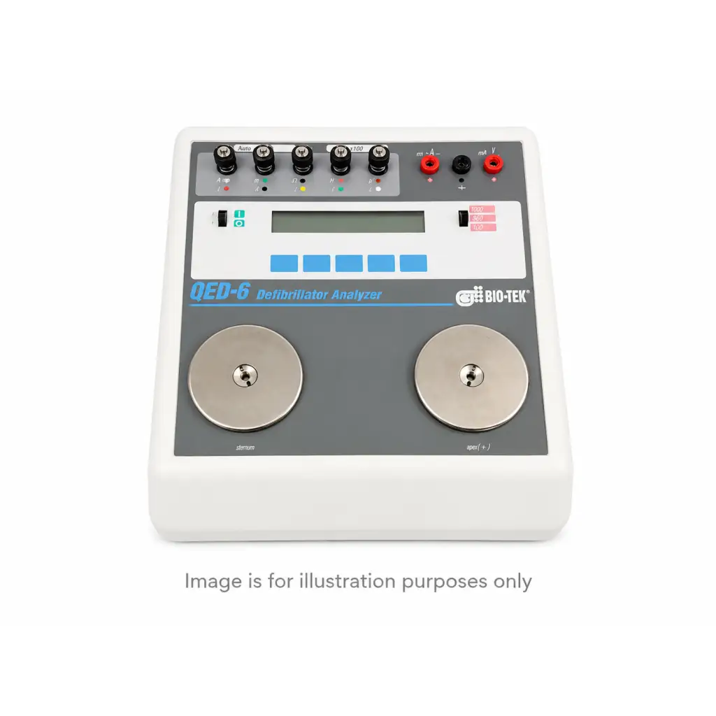 White plastic bio-tek qed-6 defibrillator analyzer with gray panel, two metallic electrodes, and digital display