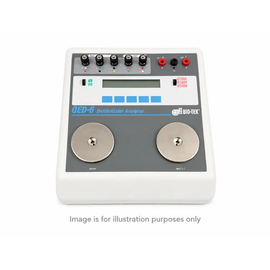 Bio-tek qed-6 defibrillator analyzer in white plastic with gray panel, digital display, and two metallic electrode pads