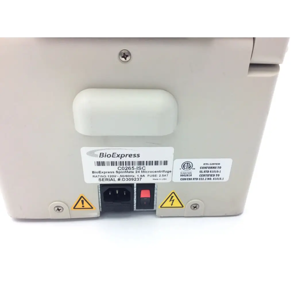 Beige bioexpress spinmate 24 microcentrifuge c0265-isc showing back side with power input and fuse slot