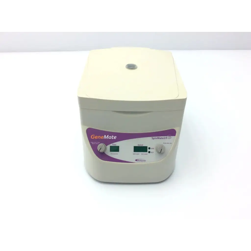 Cream-colored bioexpress spinmate 24 microcentrifuge c0265-isc with purple and white digital control panel and rotary dials
