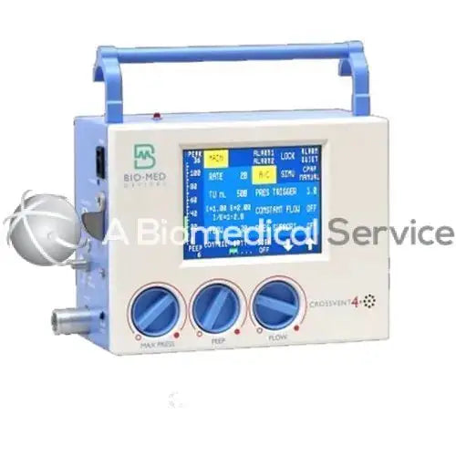 Biomed crossvent 4 plus white and blue ventilator with digital display three control knobs and oxygen reservoir attached