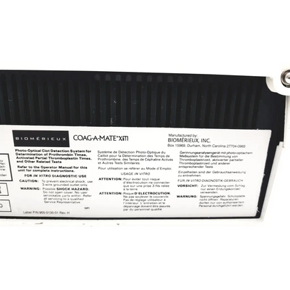 Black plastic label with white text and biomerieux logo for coagulation analyzer 069xm0486 coag-a-mate xm system