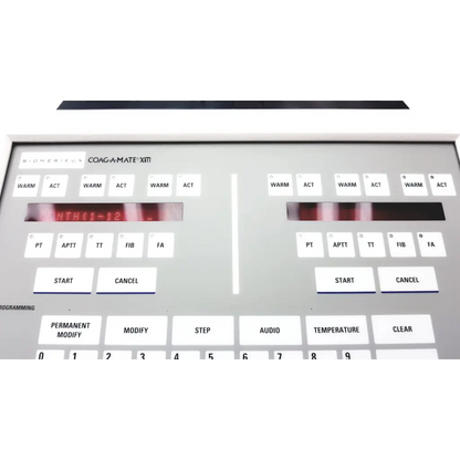 White coag-a-mate xm medical coagulation analyzer 069xm0486 control panel with labeled buttons and red digital display
