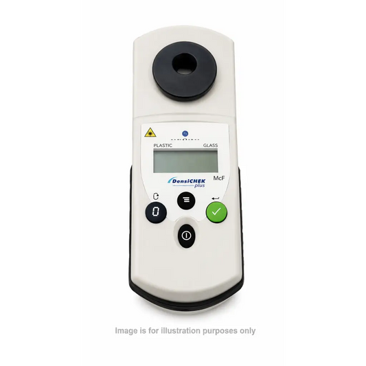 BioMérieux DensiCHEK Plus biological density meter white handheld device with black circular sensor and green confirmation button