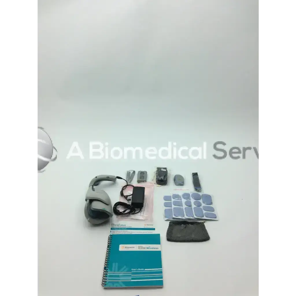 Gray and black biometris r200 wireless device with cables power adapter and pads in bioness h200 wireless h2w-5500 kit large right