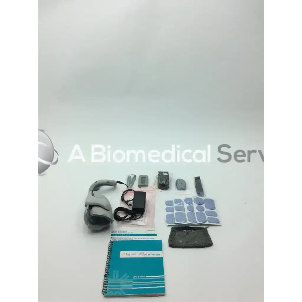 Gray bioness h200 wireless h2w-5500 handheld medical device kit with cables adhesive pads and power adapter right large model