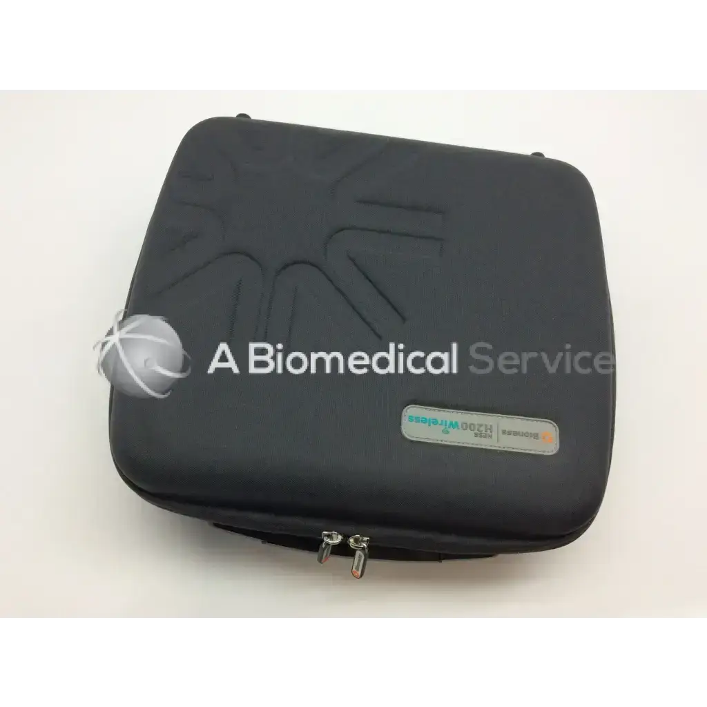 Black hard-shell carrying case with embossed logo, silver zippers, and samsung h20 wireless label for bioness h200 wireless h2w-5500 kit