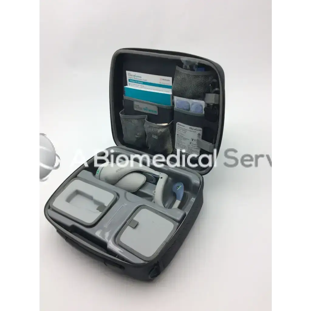 Black and gray travel case with bioness h200 wireless system kit h2w-5500 and thebreathe cpap machine accessories
