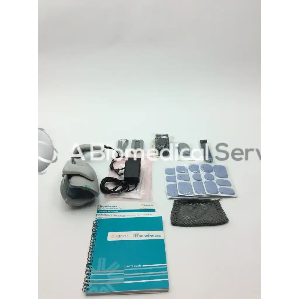 Gray and black bioness h200 wireless tens unit h2w-5500 with cables, power adapter, electrode pads, and user manual in mesh pouch