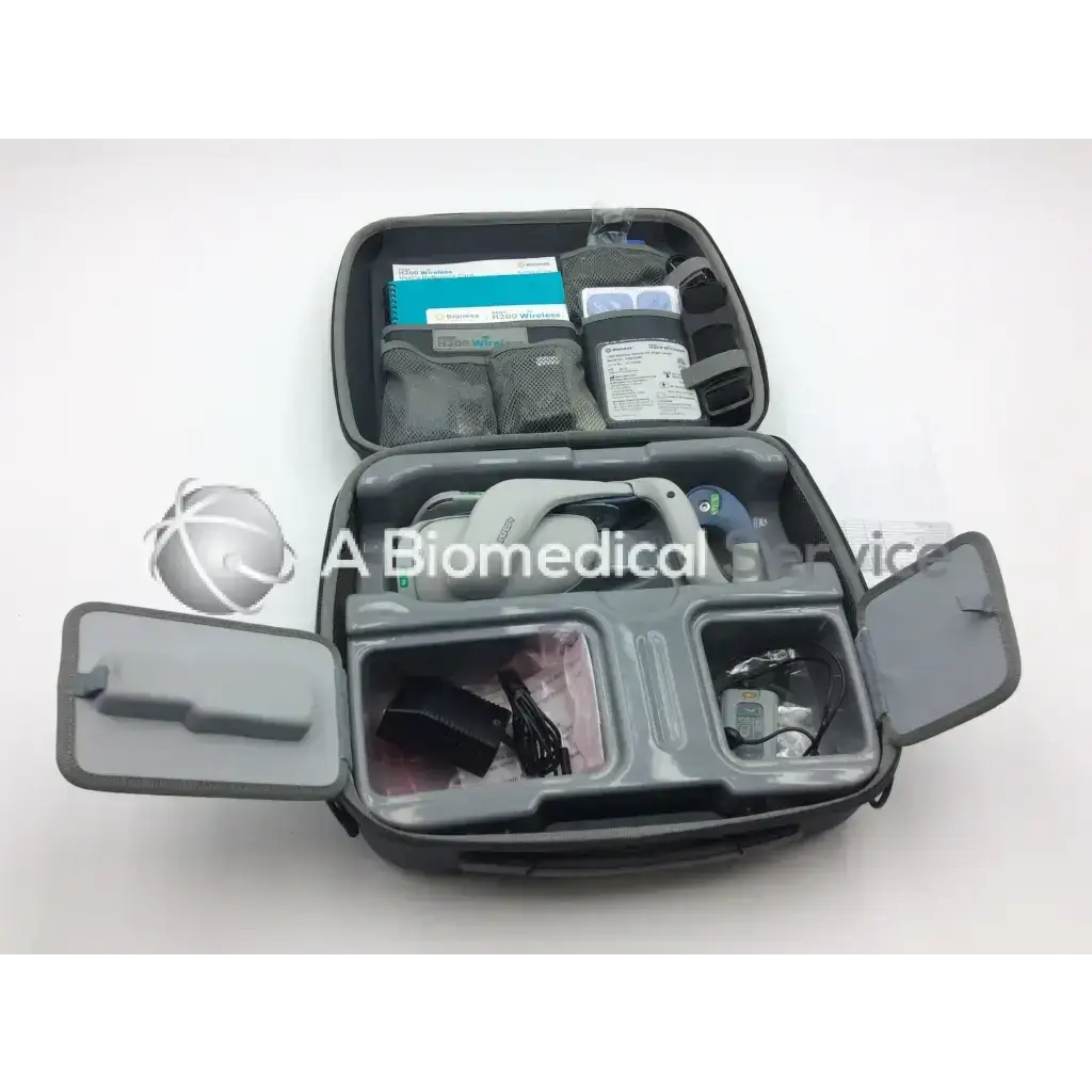 Gray medical equipment case with organized compartments for bioness h200 wireless system kit h2w-5500 right large