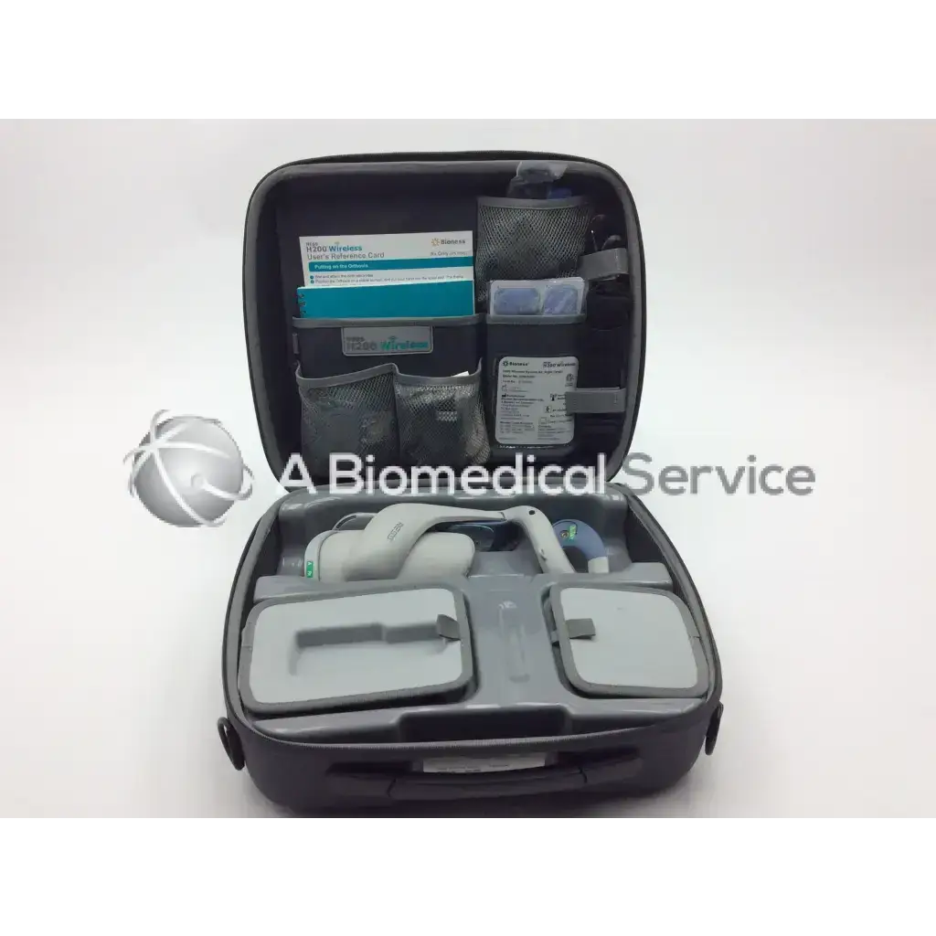Gray hard-shell bioness h200 wireless system kit h2w-5500 with organized compartments holding biomedical supplies
