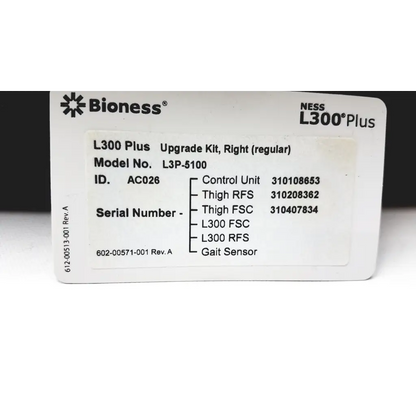 White rectangular label for bioness l300 plus thigh cloth electrodes with black text and model number l3p-5100 right regular side