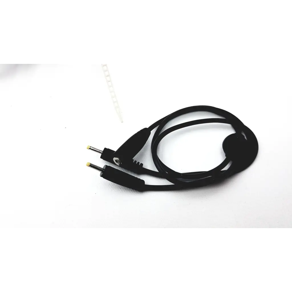 Black coiled cable with yellow-tipped connectors and plastic housing for bioness l300 plus thigh cloth electrodes