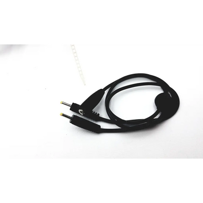 Black coiled cable with yellow-tipped connectors and plastic housing for bioness l300 plus thigh cloth electrodes