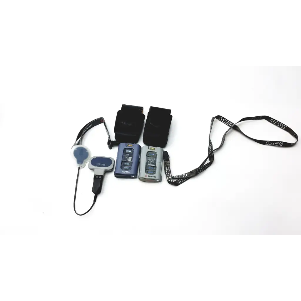 Blue and gray bioness l300 plus flip phones with black wrist straps and thigh cloth electrodes lanyards visible