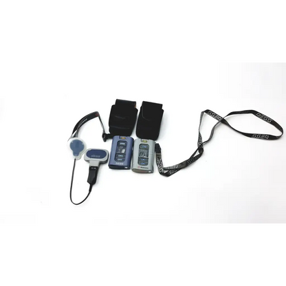 Blue and gray bioness l300 plus flip phones with black wrist straps and thigh cloth electrodes lanyards visible