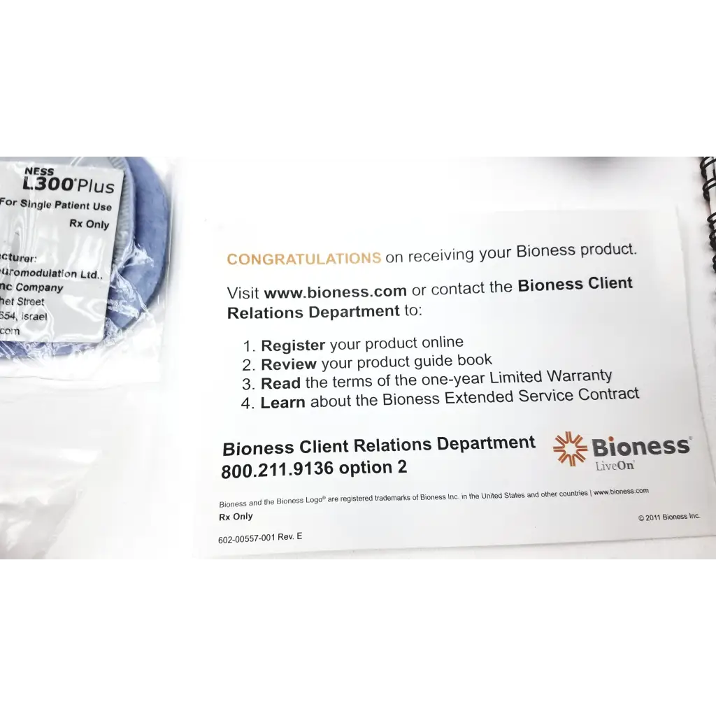 White paper insert with black and gold text for bioness l300 plus thigh cloth electrodes medical device instruction sheet