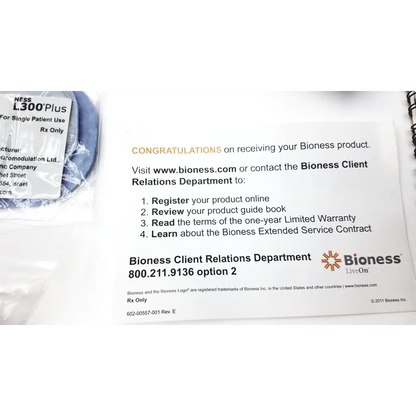 White paper insert with black and gold text for bioness l300 plus thigh cloth electrodes medical device instruction sheet