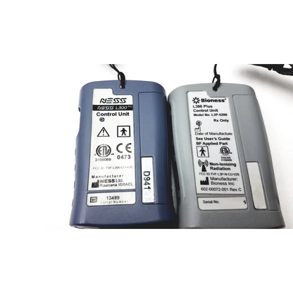 Two medical control units in blue and gray with bioness l300 plus thigh cloth electrodes labels showing model and certifications