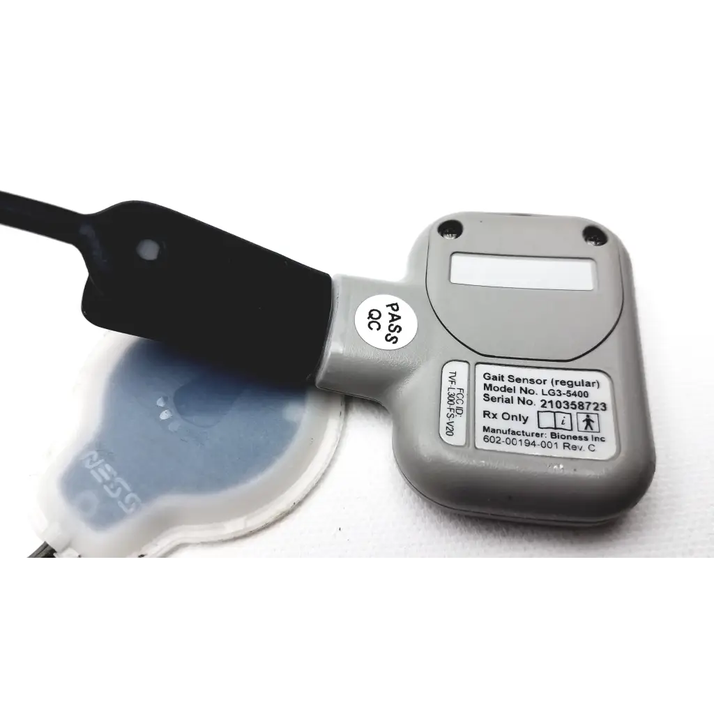 Gray plastic gait sensor with black strap and white label model lg3-5400 for bioness l300 plus thigh cloth electrodes
