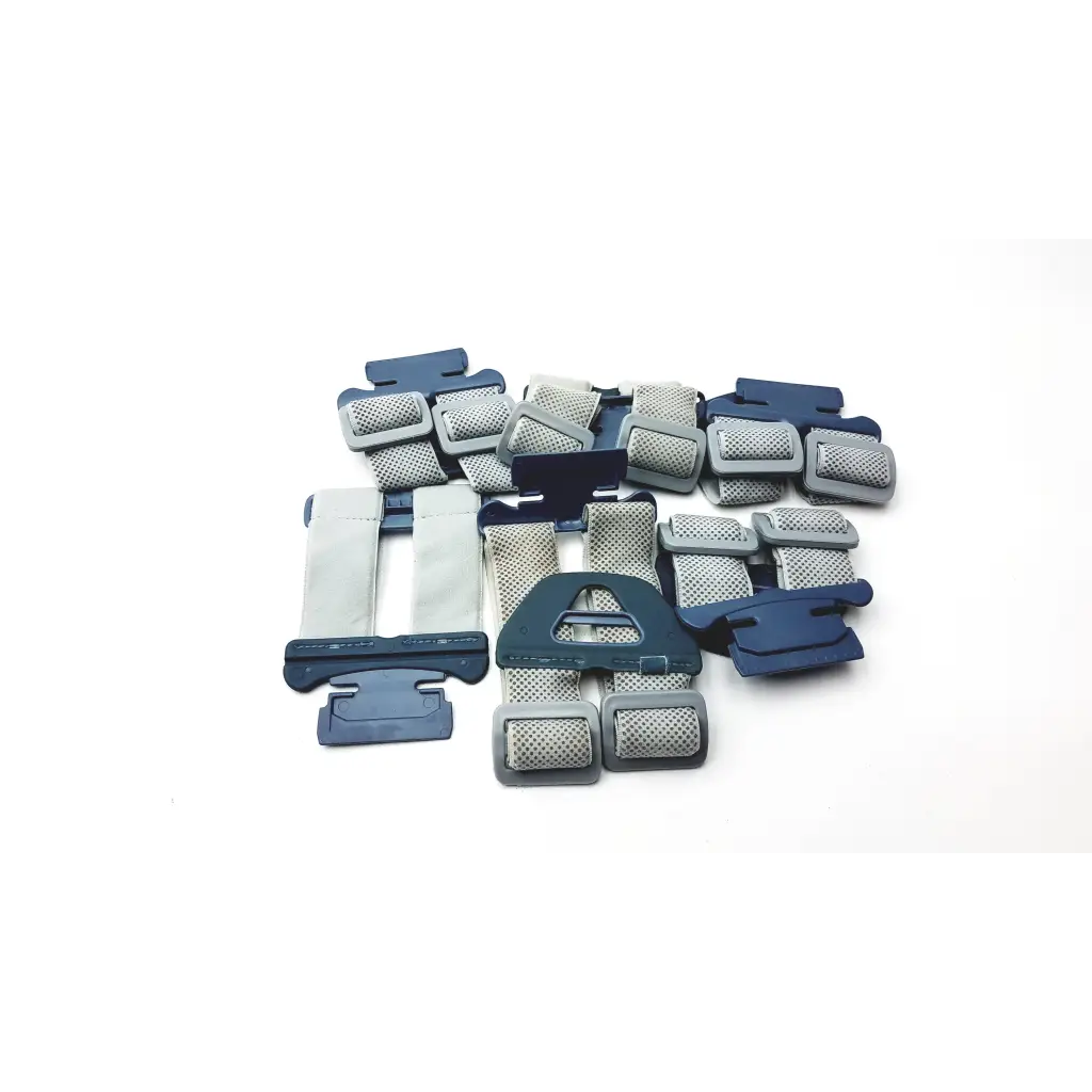 Gray and navy blue mesh strap buckles with plastic hardware on bioness l300 plus thigh cloth electrodes