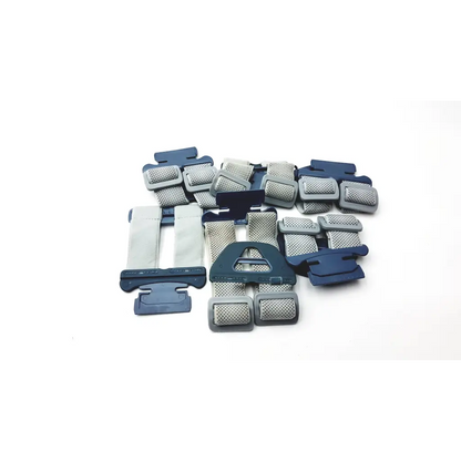 Gray and navy blue mesh strap buckles with plastic hardware on bioness l300 plus thigh cloth electrodes