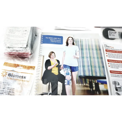 Bioness l300 plus knee brace with blue and gray adjustable straps featuring thigh cloth electrodes for support and therapy