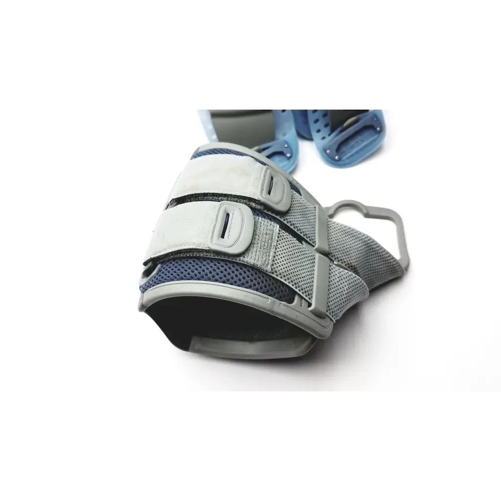 Gray and blue adjustable wrist support with mesh fabric and plastic buckles for bioness l300 plus thigh cloth electrodes
