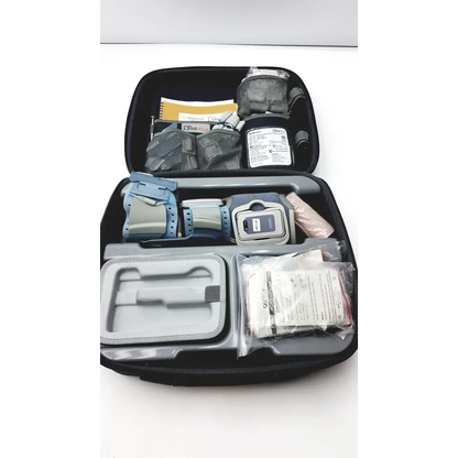 Black neoprene travel case with medical supplies and blue gray insulin pump for bioness l300 plus thigh cloth electrodes