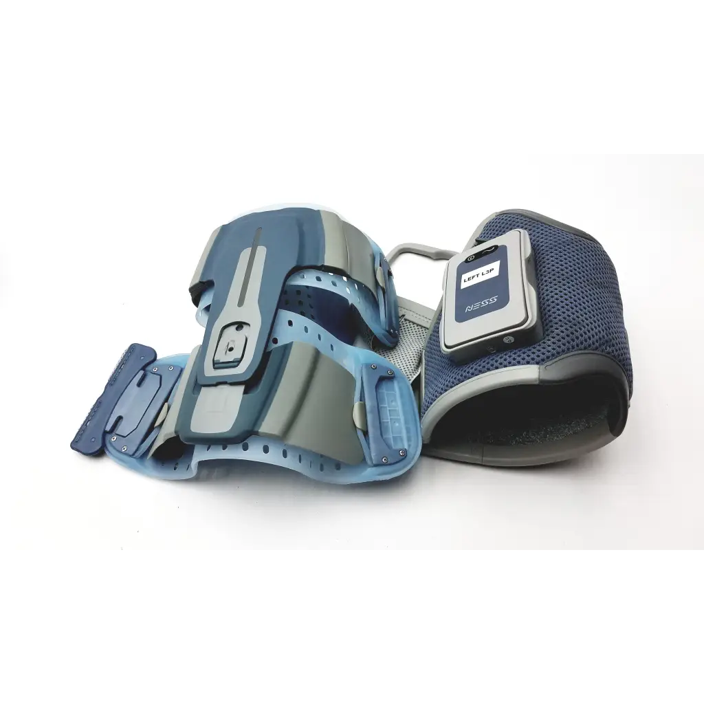 Blue and gray bioness l300 plus orthopedic knee brace with built-in electronic control and thigh cloth electrodes