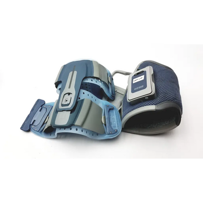 Blue and gray bioness l300 plus orthopedic knee brace with built-in electronic control and thigh cloth electrodes