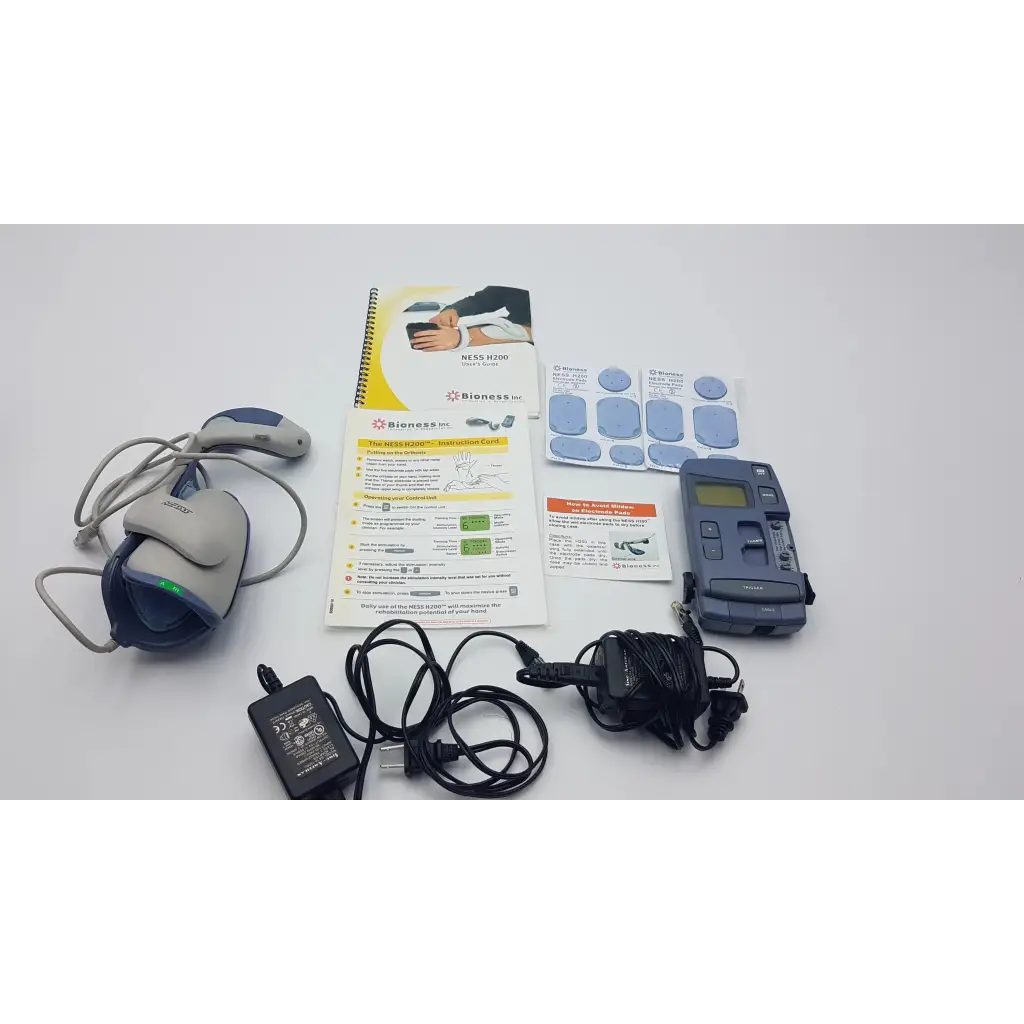 Gray and blue bioness ness h200 large right hand rehabilitation muscle stimulator system with cables and pads