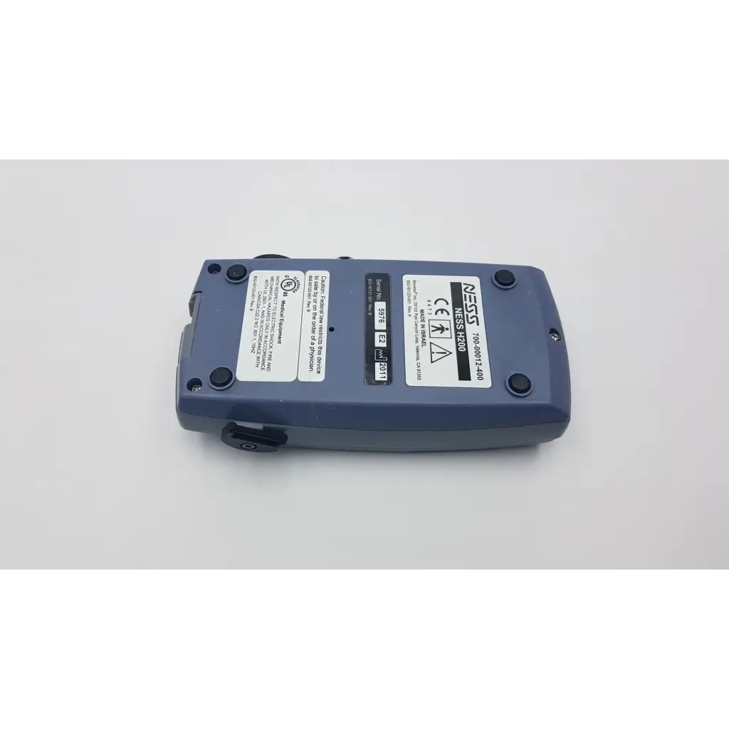 Blue plastic bioness ness h200 large handheld device with white labeling and black feet for hand rehabilitation muscle stimulation