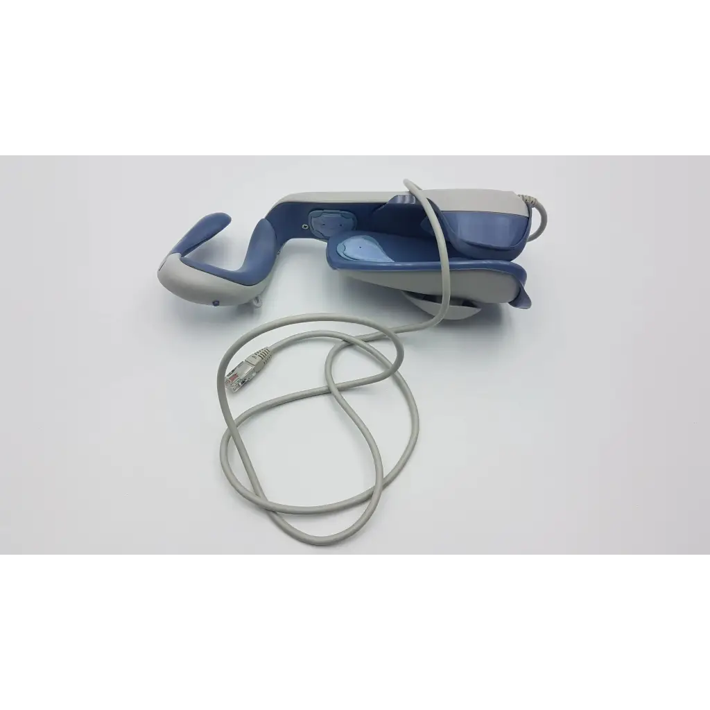Blue and gray ergonomic neck massager with coiled cable for hand rehabilitation muscle by bioness ness h200 large system