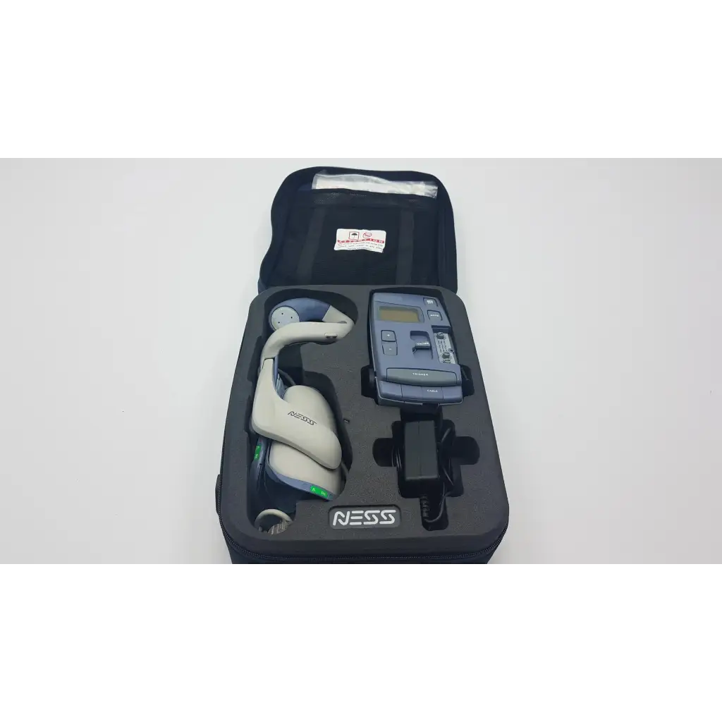 Gray and white bioness ness h200 large hand rehabilitation muscle stimulator system with control unit in carrying case