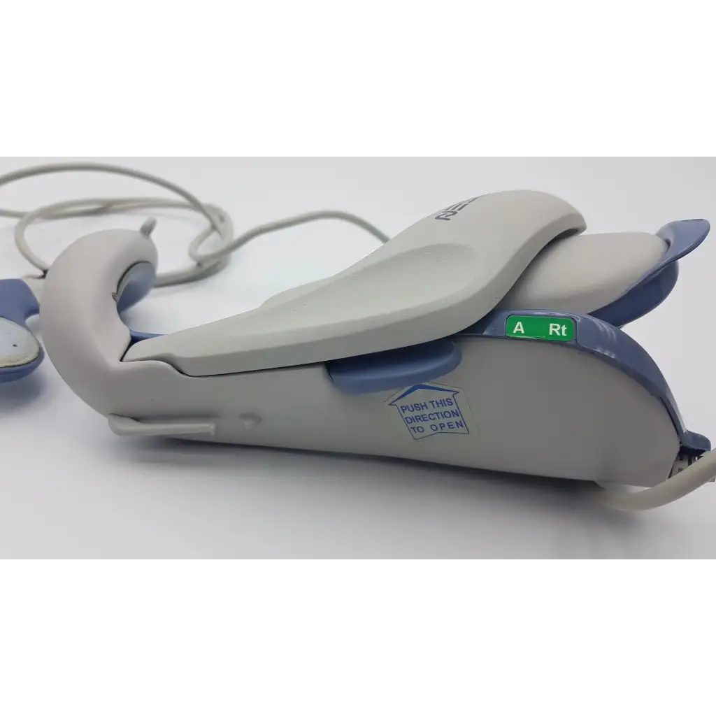 Gray and blue curved dental handpiece labeled a rt for bioness ness h200 large right hand rehabilitation muscle stimulator system
