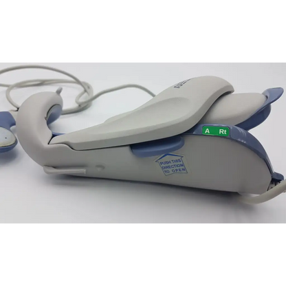Gray and blue curved dental handpiece labeled a rt for bioness ness h200 large right hand rehabilitation muscle stimulator system