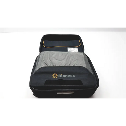Black bioness ness h200 travel organizer with mesh interior and gold-trimmed compartments for h200 wireless rehabilitation